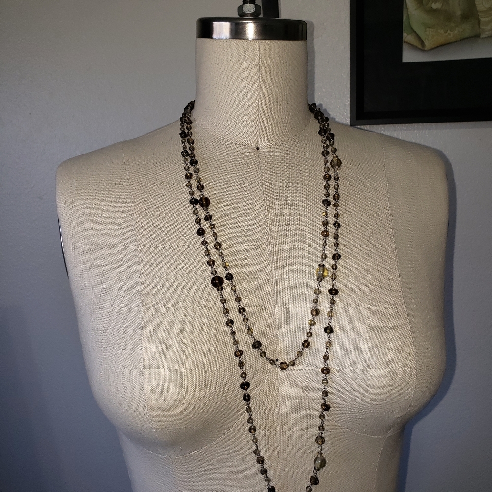 Necklace Extra Long Multi-bead Grey, Brown and Silver Tones